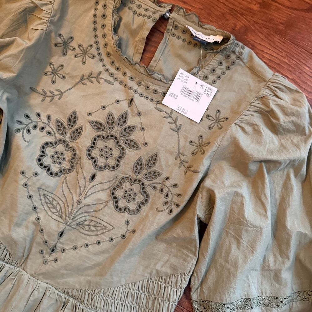 American Eagle Olive Green Long Sleeve Embroidered Dress size XXS NEW WITH TAGS - Picture 5 of 8